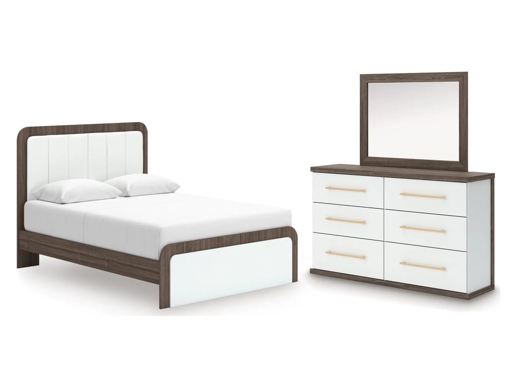 Kendanport Queen Upholstered Platform Bed, Dresser and Mirror - main image