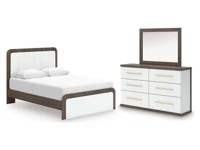 Kendanport Queen Upholstered Platform Bed, Dresser and Mirror