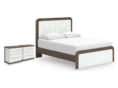 Kendanport Queen Upholstered Bed and 2 Nightstands