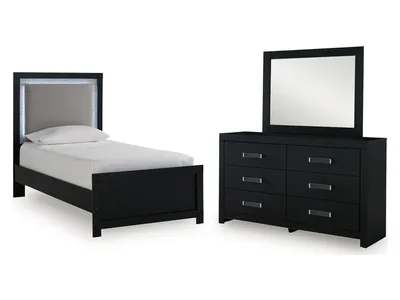 Maeling Twin Upholstered Panel Bed, Dresser and Mirror