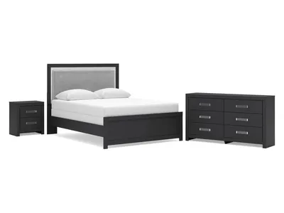 Maeling Queen Upholstered Panel Bed, Dresser and Nightstand