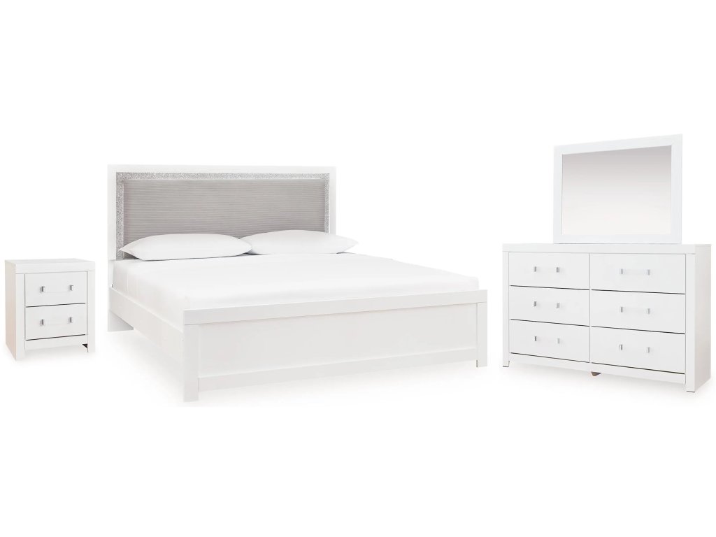 Maeling Queen Upholstered Panel Bed, Dresser, Mirror and Nightstand - main image
