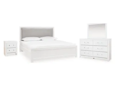 Maeling Queen Upholstered Panel Bed, Dresser, Mirror and Nightstand