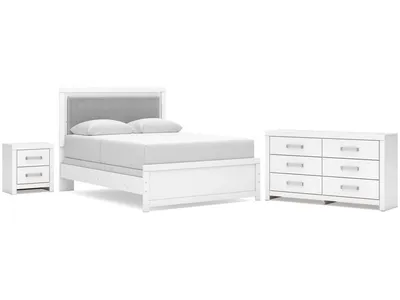 Maeling Queen Upholstered Panel Bed, Dresser and Nightstand