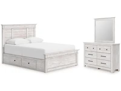 Makidern Queen Panel Bed with Storage, Dresser and Mirror