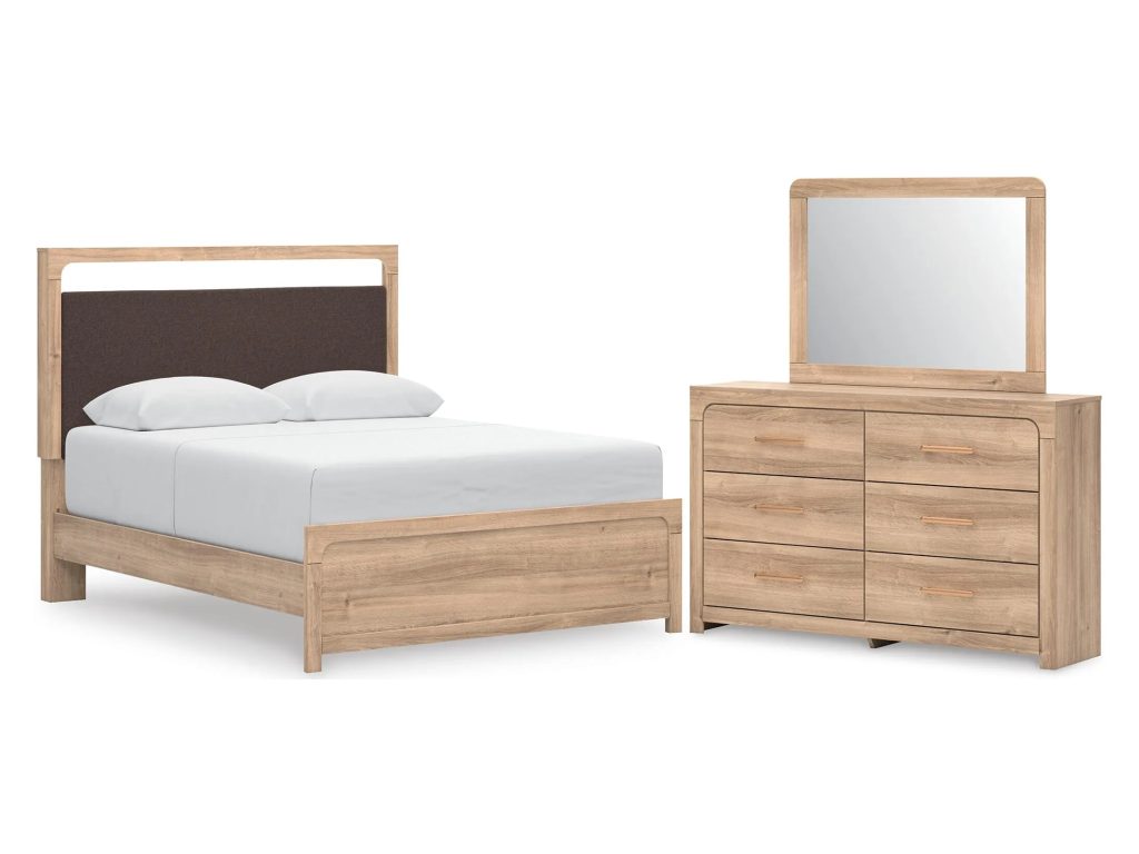 Kinlanni Queen Upholstered Panel Bed, Dresser and Mirror - main image