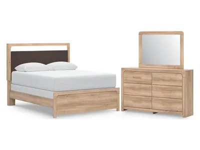 Kinlanni Queen Upholstered Panel Bed, Dresser and Mirror