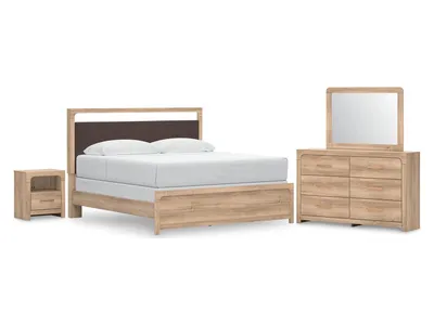 Kinlanni King Upholstered Panel Bed, Dresser, Mirror and Nightstand
