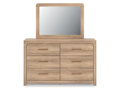 Kinlanni Queen Upholstered Panel Bed, Dresser and Mirror