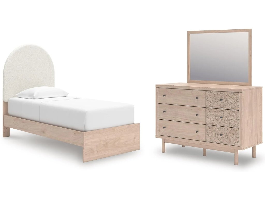 Arloster Twin Upholstered Panel Bed, Dresser and Mirror - main image