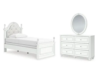 Kozlani Twin Upholstered Panel Bed, Dresser and Mirror