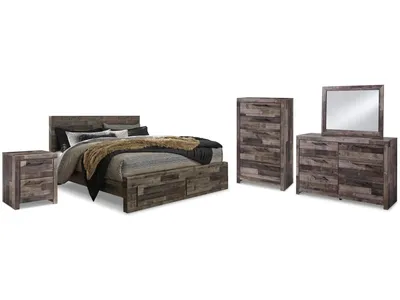 Derekson King Panel Storage Bed, Dresser, Mirror, Chest and Nightstand