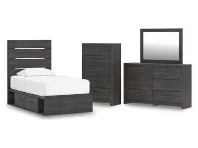 Hollivern Twin Panel Storage Bed, Dresser, Mirror and Chest