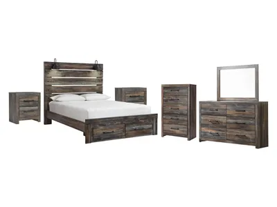 Drystan Queen Panel Storage Bed, Dresser, Mirror, Chest and 2 Nightstands