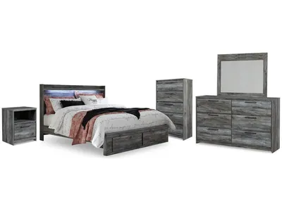 Baystorm King Panel Storage Bed, Dresser, Mirror, Chest and Nightstand