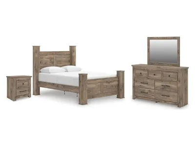 Rusticott Queen Poster Bed, Dresser, Mirror and Nightstand