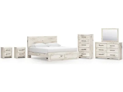 Lawroy King Panel Storage Bed, Dresser, Mirror, Chest and 2 Nightstands