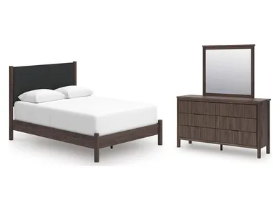 Pamytta Queen Upholstered Panel Bed, Dresser and Mirror