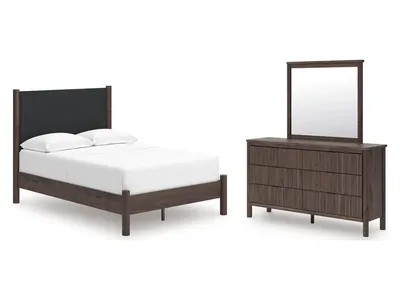 Pamytta Full Upholstered Platform Bed, Dresser and Mirror