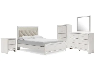 Altyra Queen Upholstered Panel Bed, Dresser, Mirror, Chest and Nightstand