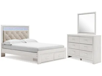 Altyra Queen Upholstered Panel Storage Bed, Dresser and Mirror