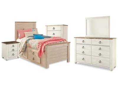 Willowton Twin Bed with Storage, Dresser, Mirror, Chest and Nightstand