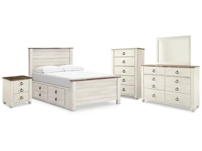 Willowton Full Panel Bed with storage, Dresser, Mirror, Chest and Nightstand