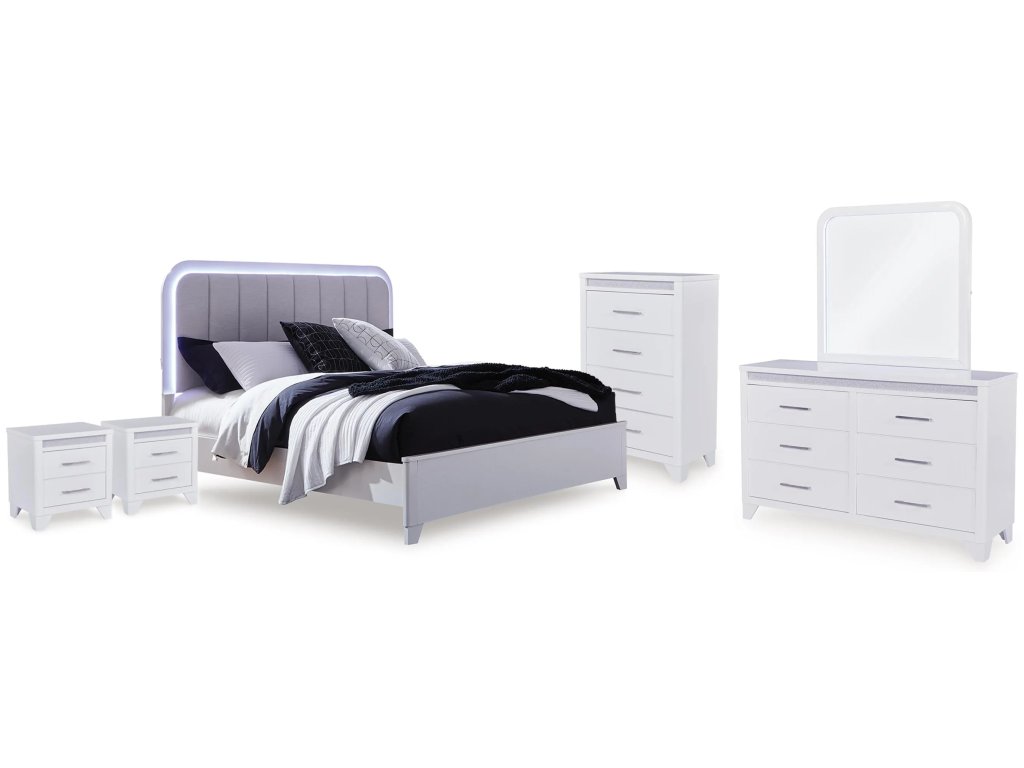 Jarlee Queen Upholstered Panel Bed, Dresser, Mirror, Chest and 2 Nightstands - main image