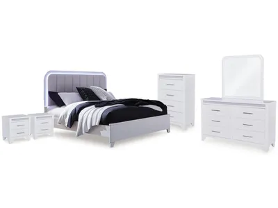 Jarlee Queen Upholstered Panel Bed, Dresser, Mirror, Chest and 2 Nightstands