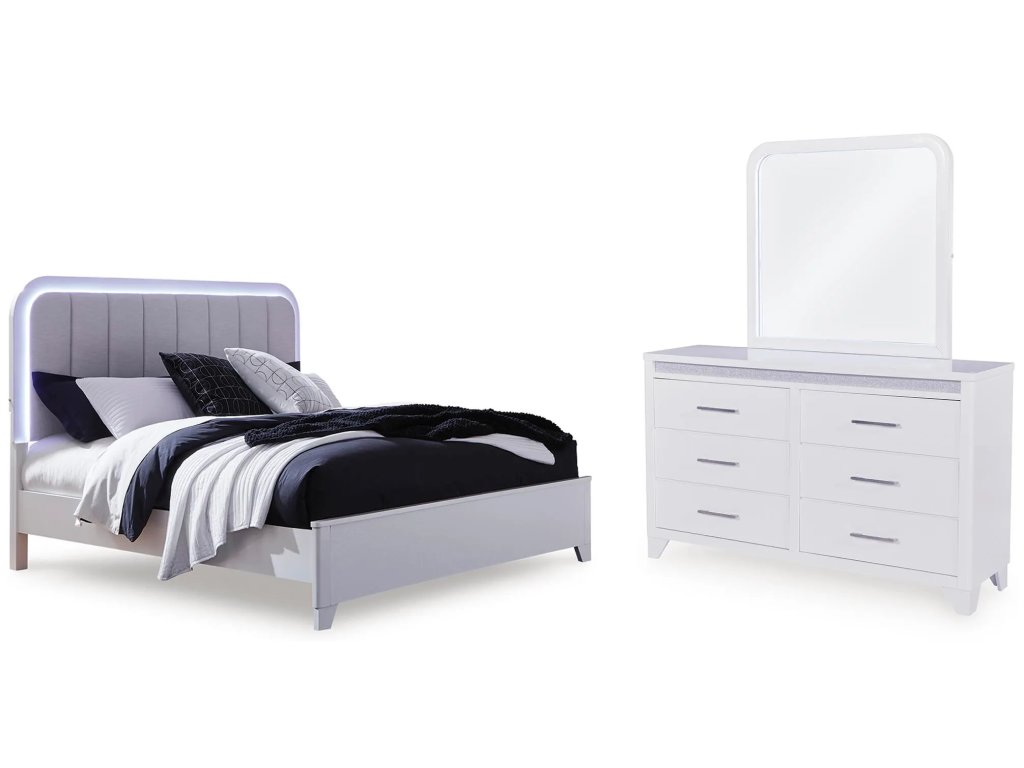 Jarlee Queen Upholstered Panel Bed, Dresser and Mirror - main image