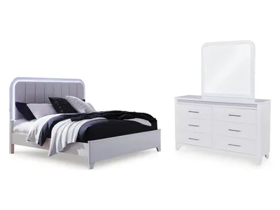 Jarlee Queen Upholstered Panel Bed, Dresser and Mirror