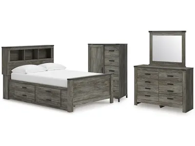 Frandern Full Bookcase Panel Bed with Storage, Dresser, Mirror and Chest