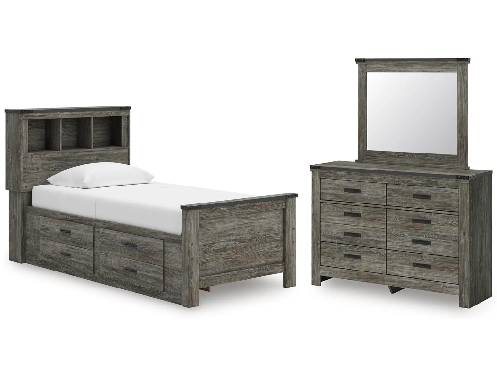 Frandern Twin Bookcase Bed with Storage, Dresser and Mirror - main image