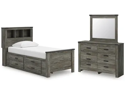 Frandern Twin Bookcase Bed with Storage, Dresser and Mirror