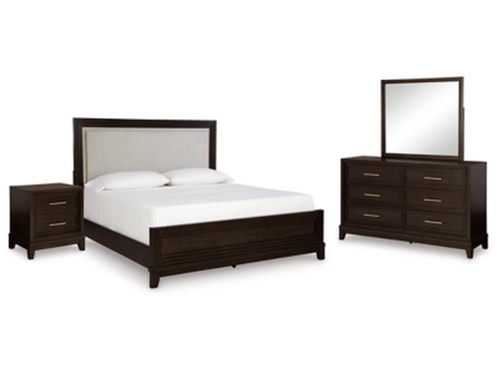 Neymorton Queen Upholstered Panel Bed, Dresser, Mirror and Nightstand - main image