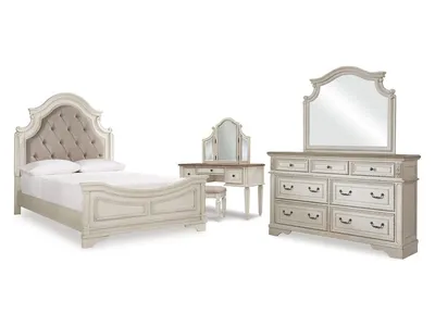 Realyn Queen Panel Bed, Dresser, Mirror and Vanity