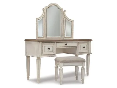 Realyn Queen Panel Bed, Dresser, Mirror and Vanity
