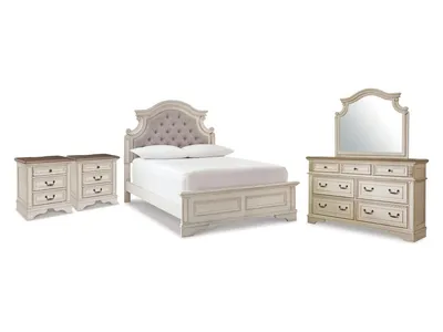 Realyn Full Upholstered Panel Bed, Dresser, Mirror and 2 Nightstands