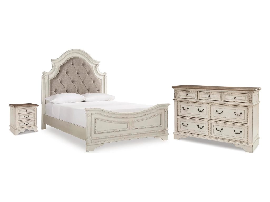 Realyn Queen Upholstered Panel Bed, Dresser and Nightstand - main image