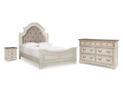 Realyn Queen Upholstered Panel Bed, Dresser and Nightstand
