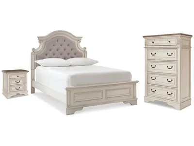Realyn Full Upholstered Panel Bed, Chest and Nightstand