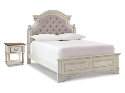 Realyn Full Upholstered Panel Bed and Nightstand