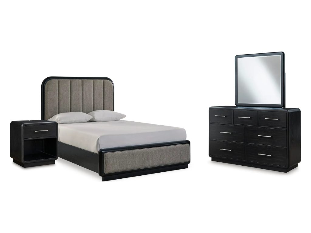 Rowanbeck Queen Upholstered Panel Bed, Dresser, Mirror and Nightstand - main image