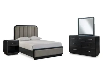 Rowanbeck Queen Upholstered Panel Bed, Dresser, Mirror and Nightstand