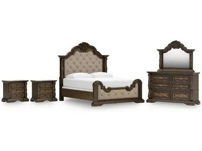 Maylee King Upholstered Bed, Dresser, Mirror and 2 Nightstands