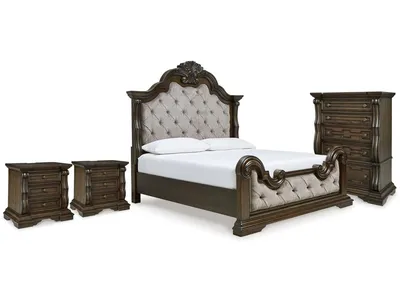Maylee King Upholstered Panel Bed, Chest and 2 Nightstands