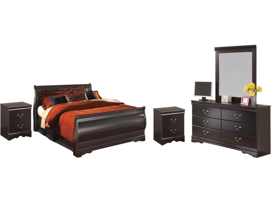 Huey Vineyard Full Sleigh Bed with Mirrored Dresser and 2 Nightstands - main image