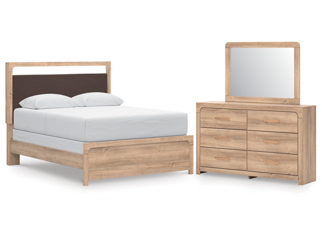 Kinlanni Queen Upholstered Panel Bed, Dresser and Mirror - main image
