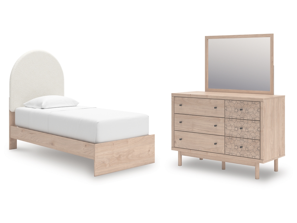 Arloster Twin Upholstered Panel Bed, Dresser and Mirror - main image
