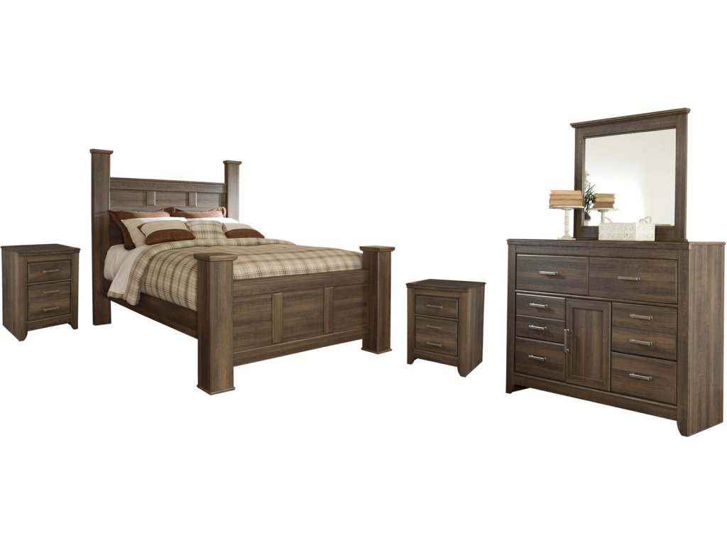 Juararo Queen Poster Bed with Mirrored Dresser and 2 Nightstands - main image